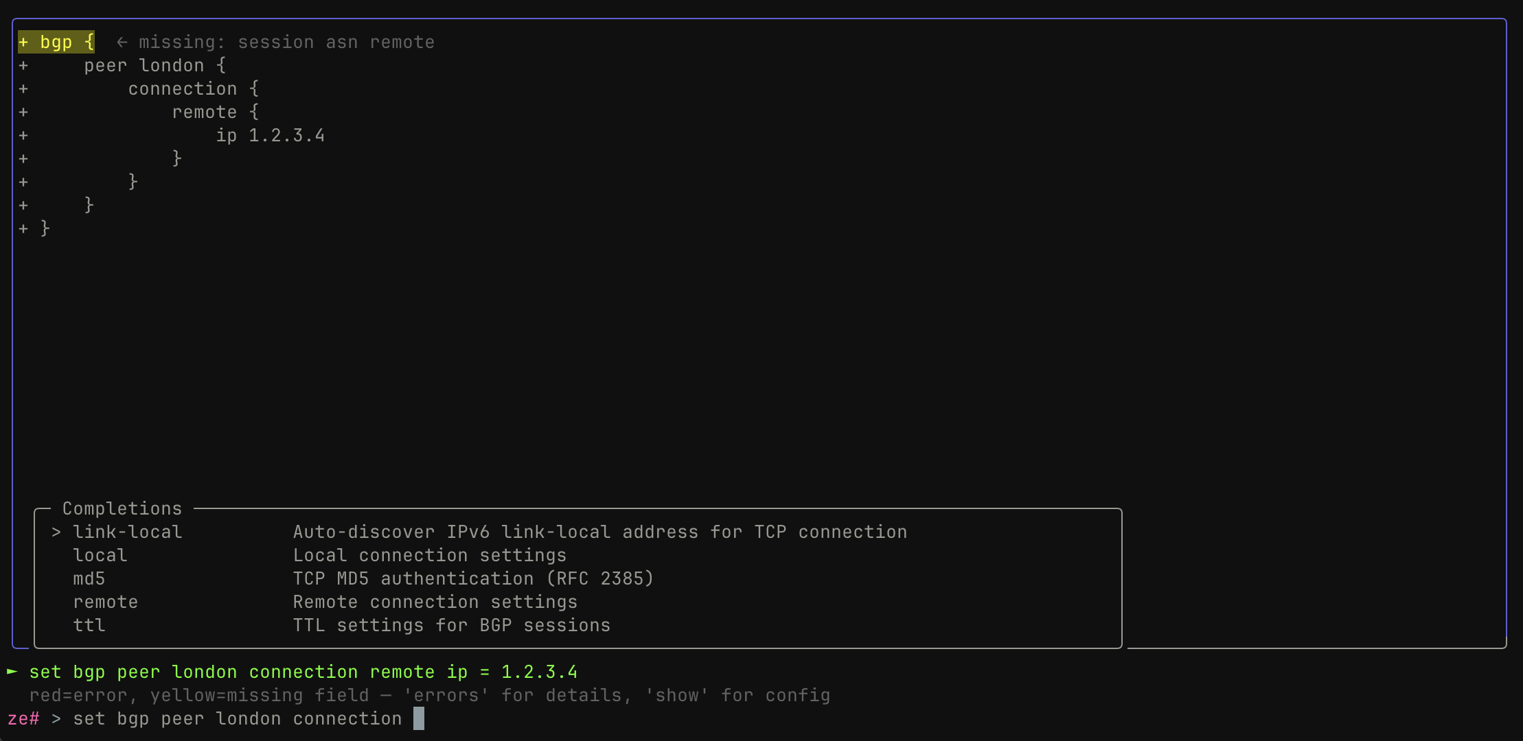 Ze CLI with tab completion and config editing